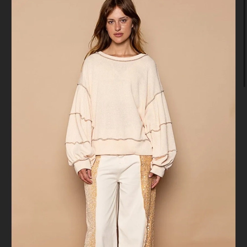 Cut Sew Sweater Knit Exposed Seam Sweatshirt - Picture 5 of 10